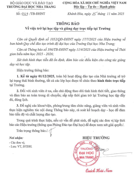 Thông báo về việc trở lại học tập, giảng dạy trực tiếp tại trường